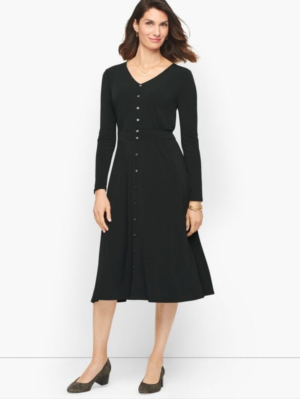 Talbots Midi Dress Medium Button Front Long Sleeve A-Line Jersey Crepe Stretch